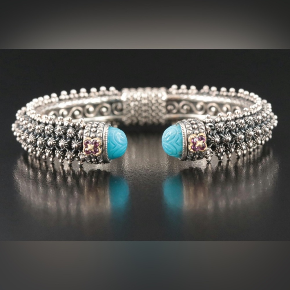 BARBARA BIXBY TURQUOISE, GARNET  LOTUS CUFF BRACELET STERLING SILVER, 18KT GOLD